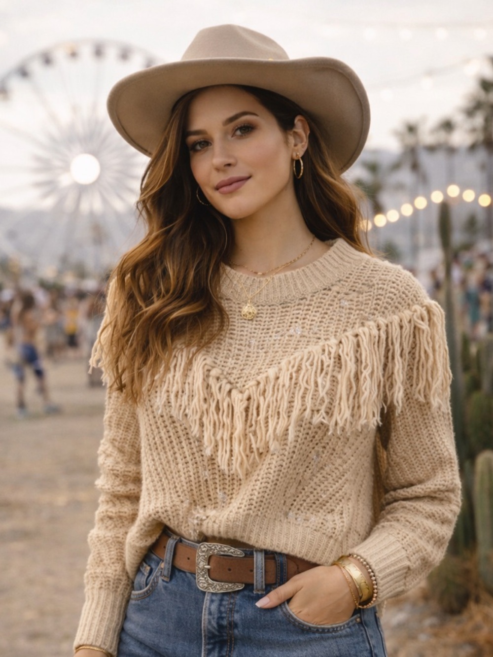 Chenille Fringe Sweater Boho Western Chunky Knit Cropped Neutral Festival Top, S